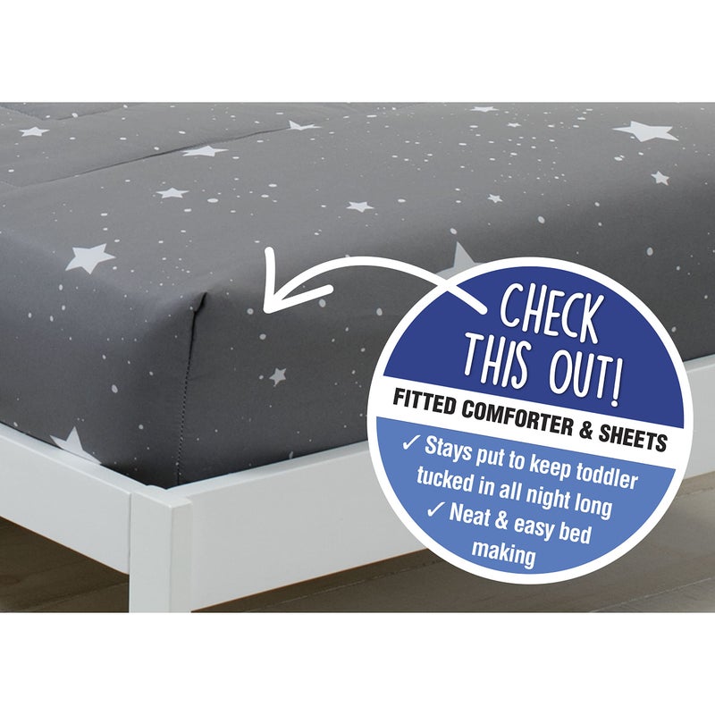 Delta CHILDREN Delta 4-Piece Reversible Toddler Bedding Set - Fitted Sheet, Top Sheet, Pillowcase, 2-in-1 Comforter - For Boys, Dusty Skies & Grey Stars - Image 2