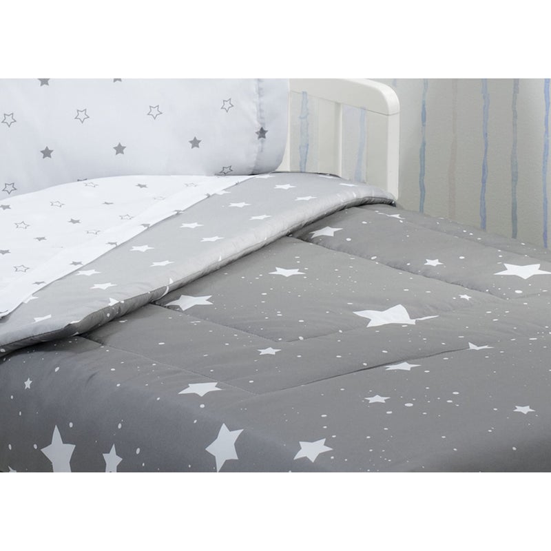 Delta CHILDREN Delta 4-Piece Reversible Toddler Bedding Set - Fitted Sheet, Top Sheet, Pillowcase, 2-in-1 Comforter - For Boys, Dusty Skies & Grey Stars - Image 5