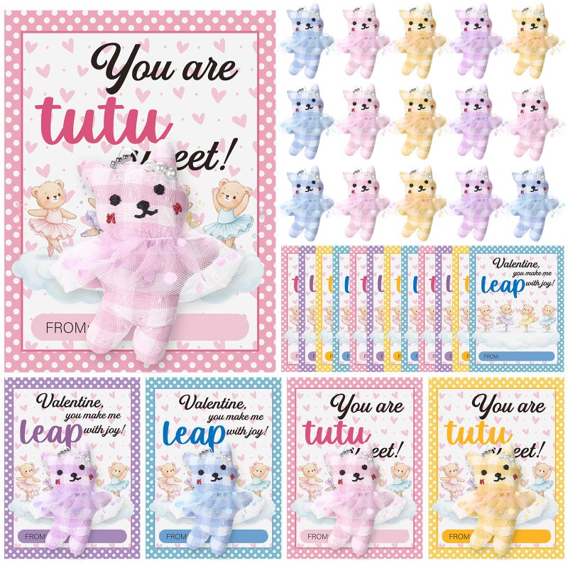 Equsion 24 Set Valentine Dance Bear Keychains Gifts in Tutu Skirt Ballerina Bear with Greeting Cards Bags Plush Ballet Doll Dance Recital Gifts for Valentines Party Favors Exchange Prizes - Image 1