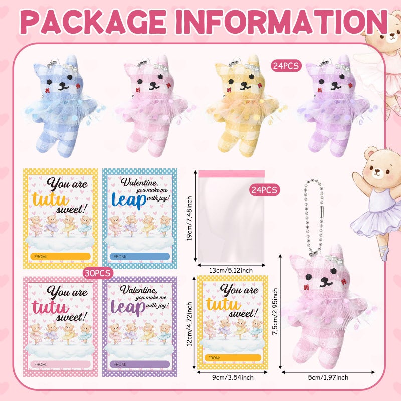 Equsion 24 Set Valentine Dance Bear Keychains Gifts in Tutu Skirt Ballerina Bear with Greeting Cards Bags Plush Ballet Doll Dance Recital Gifts for Valentines Party Favors Exchange Prizes - Image 2
