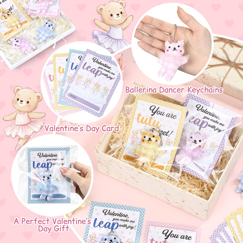Equsion 24 Set Valentine Dance Bear Keychains Gifts in Tutu Skirt Ballerina Bear with Greeting Cards Bags Plush Ballet Doll Dance Recital Gifts for Valentines Party Favors Exchange Prizes - Image 3