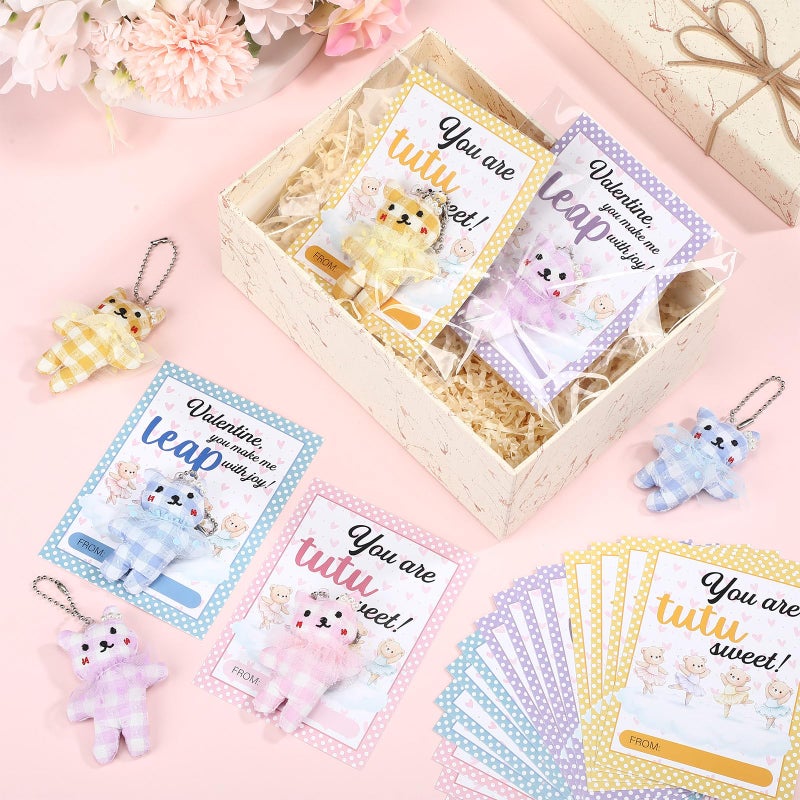 Equsion 24 Set Valentine Dance Bear Keychains Gifts in Tutu Skirt Ballerina Bear with Greeting Cards Bags Plush Ballet Doll Dance Recital Gifts for Valentines Party Favors Exchange Prizes - Image 4