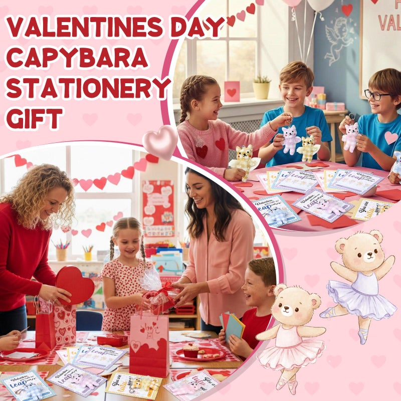 Equsion 24 Set Valentine Dance Bear Keychains Gifts in Tutu Skirt Ballerina Bear with Greeting Cards Bags Plush Ballet Doll Dance Recital Gifts for Valentines Party Favors Exchange Prizes - Image 5