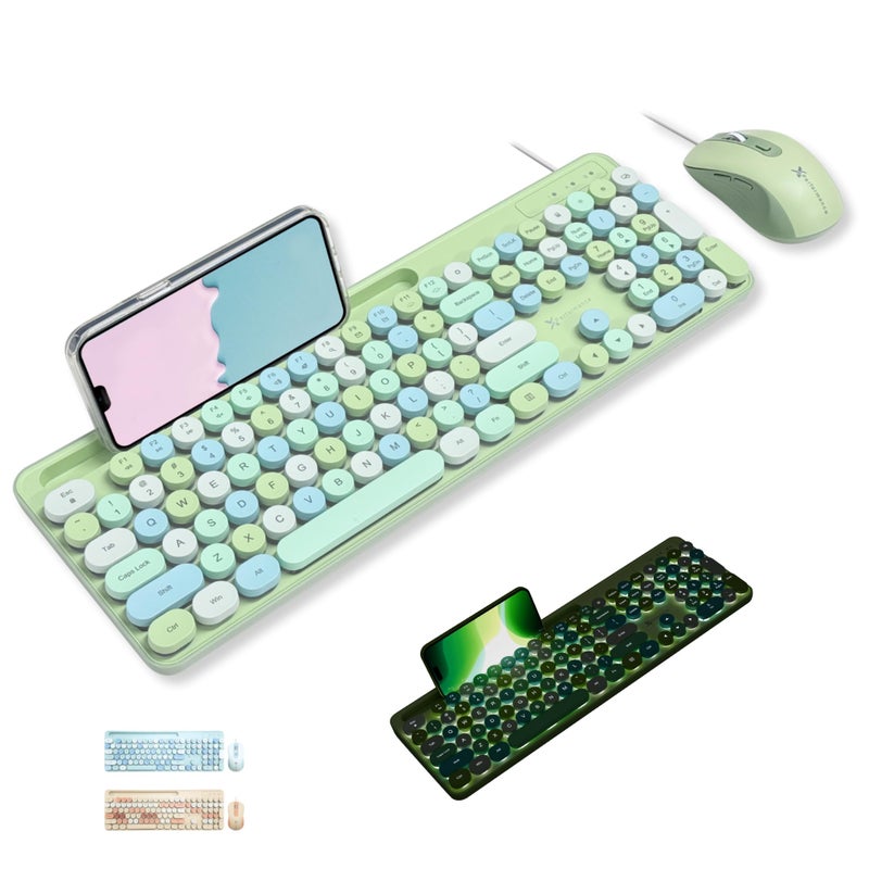 X9 Performance X9 Wired Keyboard and Mouse Combo with Backlight - Retro Typewriter Round Keycaps, Phone/Tablet Dock, 109 Fullsize Keys, Cute Colorful Green Keyboard, Pastel Keyboard for Laptop, PC and Chromebook - Image 1