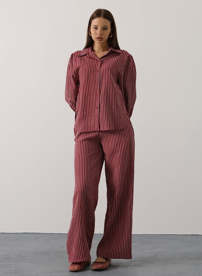 trendyol Burgundy Textured Striped Woven Pants - Image 1