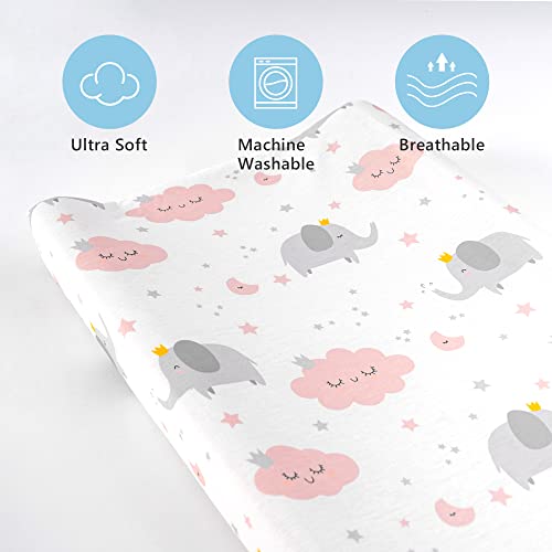 TILLYOU Changing Pad Cover Set in Soft Jersey Material - Fits 32"/34''x16 Contoured Pad for Babies,Elephant & Cloud, Pink - Image 4
