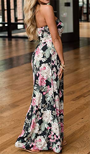 PRIMODA Womens Strapless Tube Top Maxi Dress Floral Boho Beach Dress with Pockets(L Blackwhite 4#) - Image 3