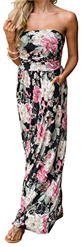 PRIMODA Womens Strapless Tube Top Maxi Dress Floral Boho Beach Dress with Pockets(L Blackwhite 4#) - Image 5