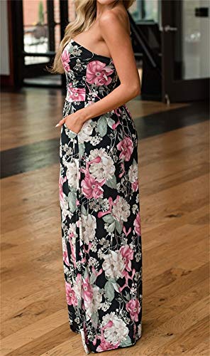 PRIMODA Womens Strapless Tube Top Maxi Dress Floral Boho Beach Dress with Pockets(L Blackwhite 4#) - Image 2