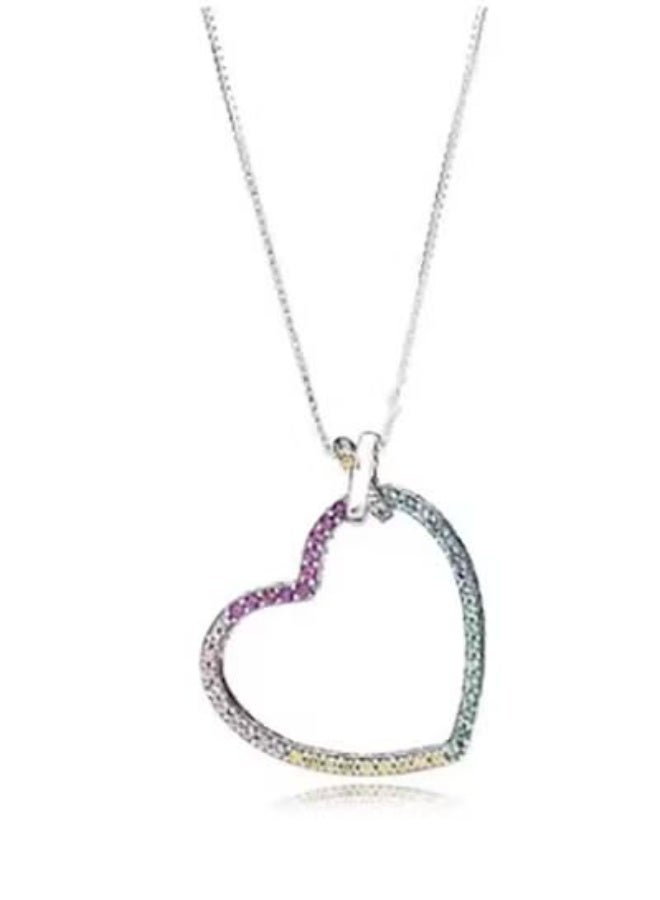 Gradient Crystal Hollow Heart Silver Necklace