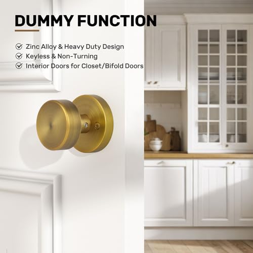 naubea 4 Pack Antique Brass Dummy Door Knobs Interior, Old Style Round Door Knob Antique Door Handle for Pantry Closet Bifold Door Knob - Image 4