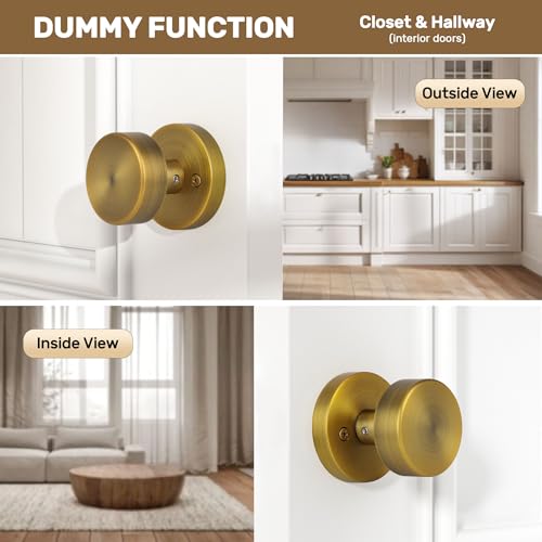 naubea 4 Pack Antique Brass Dummy Door Knobs Interior, Old Style Round Door Knob Antique Door Handle for Pantry Closet Bifold Door Knob - Image 2