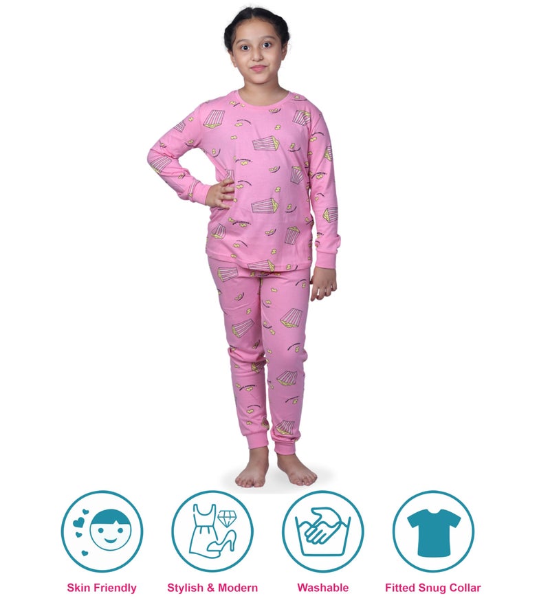 Hestia|H.Nsg.N.1|Girls Bottom Pyjama Pajama Set Tshirts|Sleepwear|Cotton Night Dress|Trouser Full Sleeves Tshirt|Antirash Fabric|Nightwear For Kids|All Over Popcorn Print|Pink|2-4Yrs|Set 1,2 -4 Years - Image 2