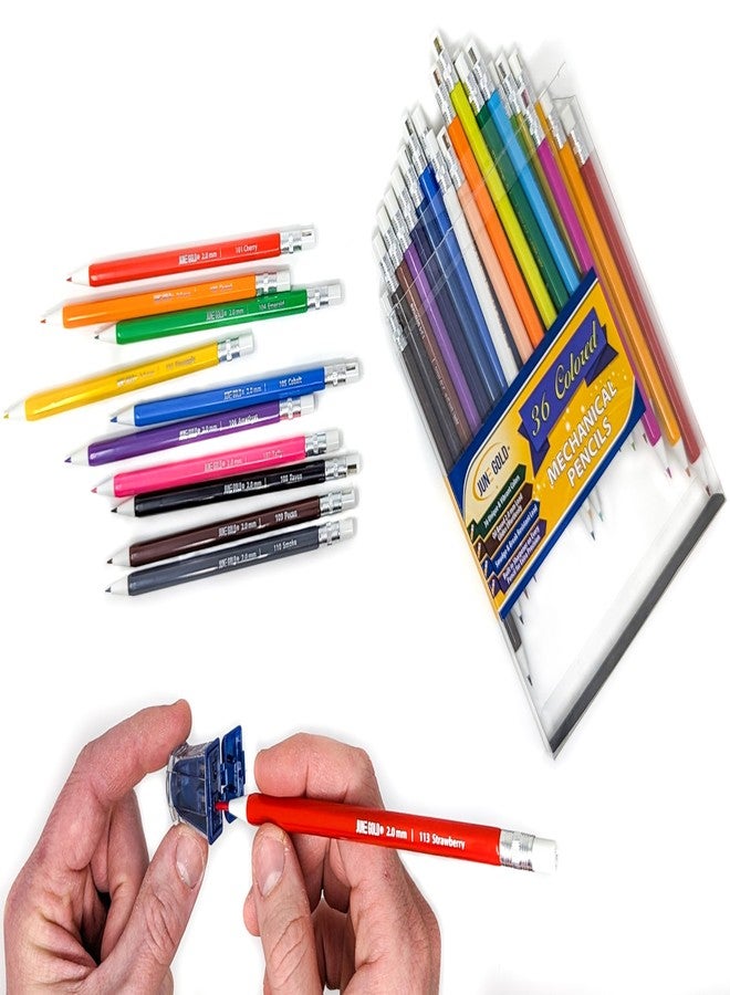 June Gold 36 Assorted Colored 2.0 mm Mechanical Pencils with 36 Unique Color Leads, 36 Extra Refills, 2 Independent Sharpeners, Color Name is Printed on Each Pencil Barrel, Built in Rear Sharpener - Image 3