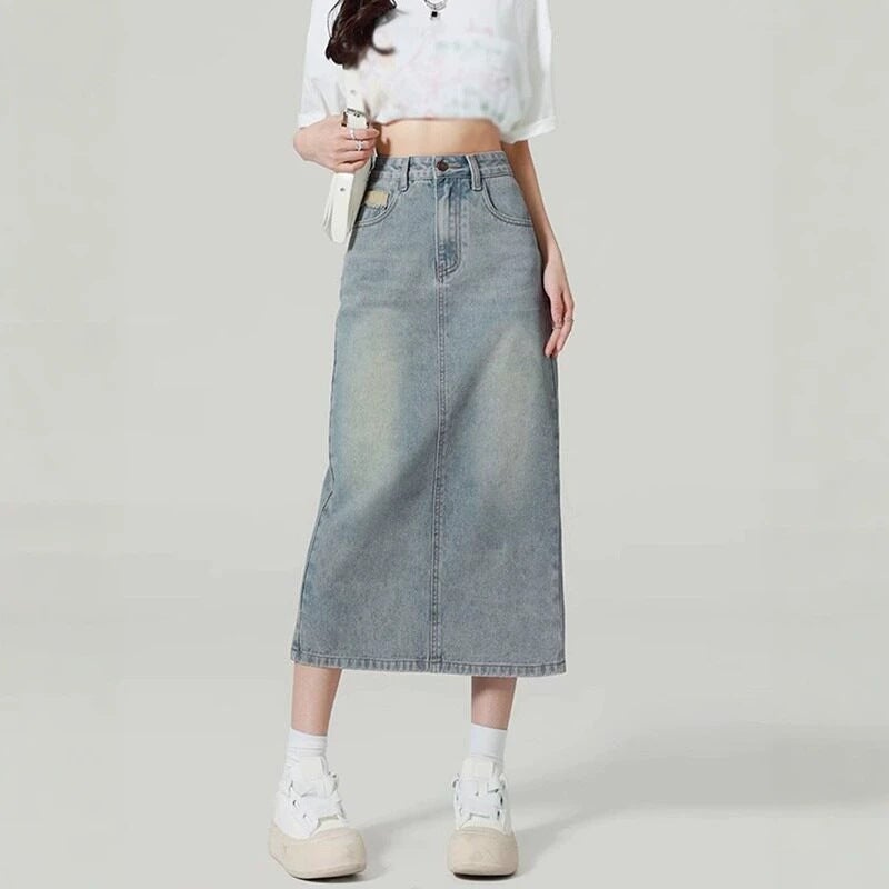 Light Denim A-Line Midi Skirt with Back Slit - Image 3