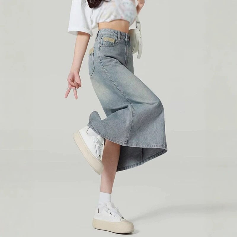 Light Denim A-Line Midi Skirt with Back Slit - Image 4