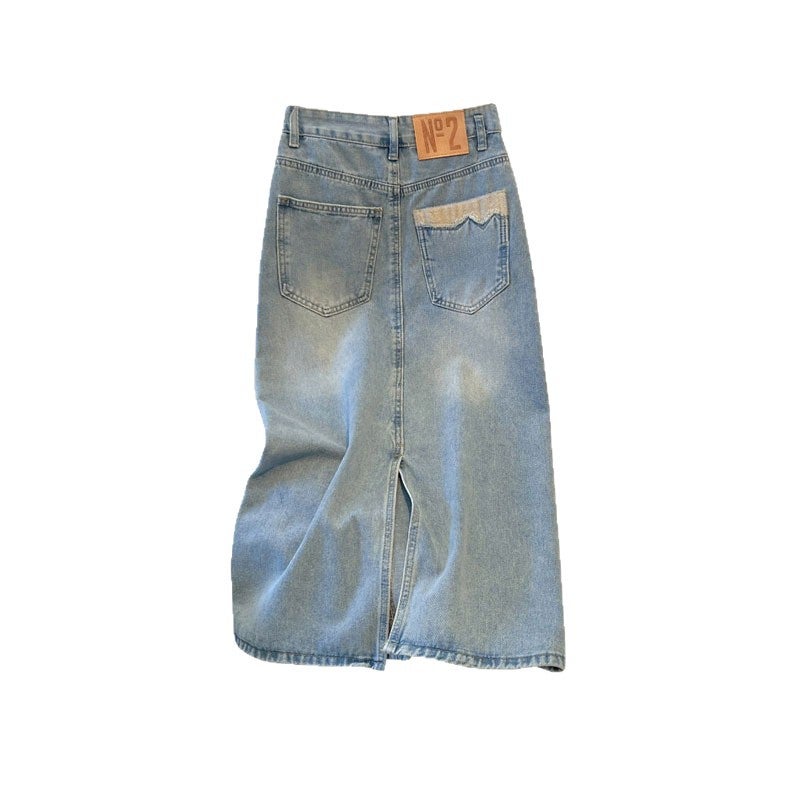 Light Denim A-Line Midi Skirt with Back Slit - Image 5