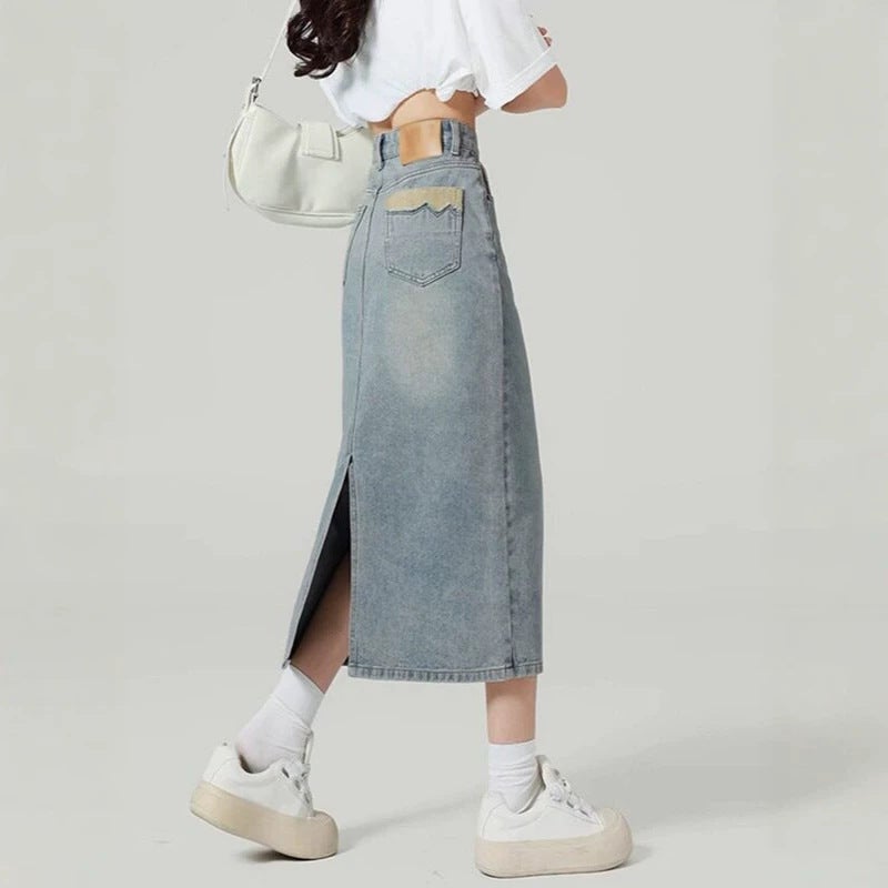 Light Denim A-Line Midi Skirt with Back Slit - Image 2