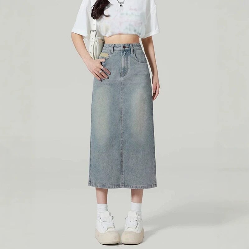 Light Denim A-Line Midi Skirt with Back Slit - Image 1