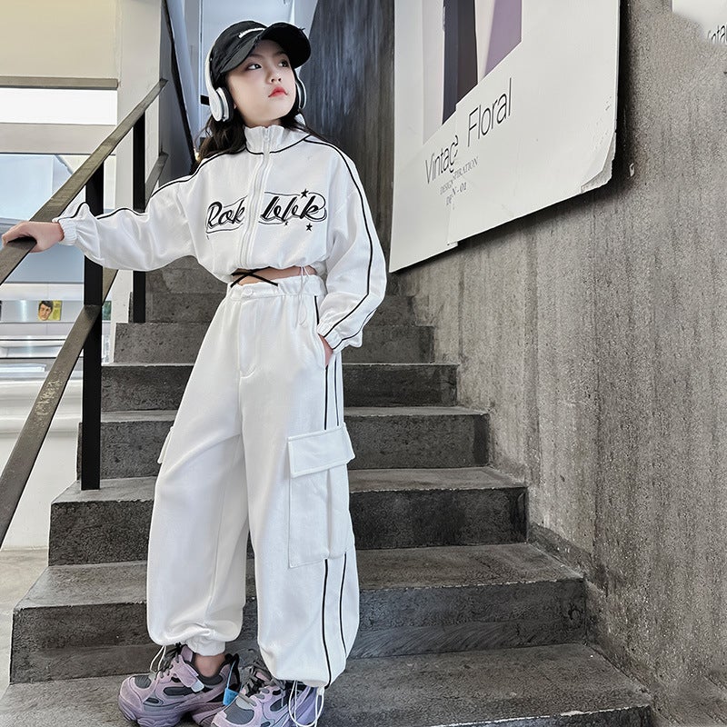 Street Dance Kidsrens Trendy Clothing Girls Jazz Dance Suit Autum Street Little Girl Sportswear Overalls Two-Piece Set White suit