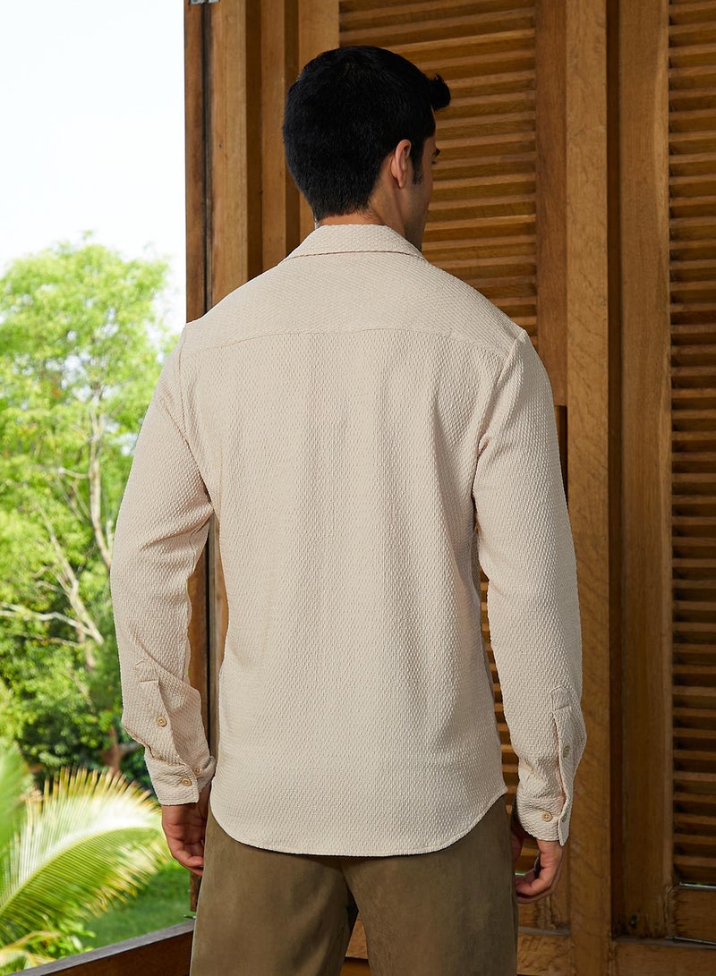 Campus Sutra Campus Sutra Men's Cream White Weave-Tactile Shirt For Casual Wear | Spread Collar | Long Cuffed Sleeves | Button Closure | Shirt Crafted With Comfort Fit For Everyday Wear  - Image 5