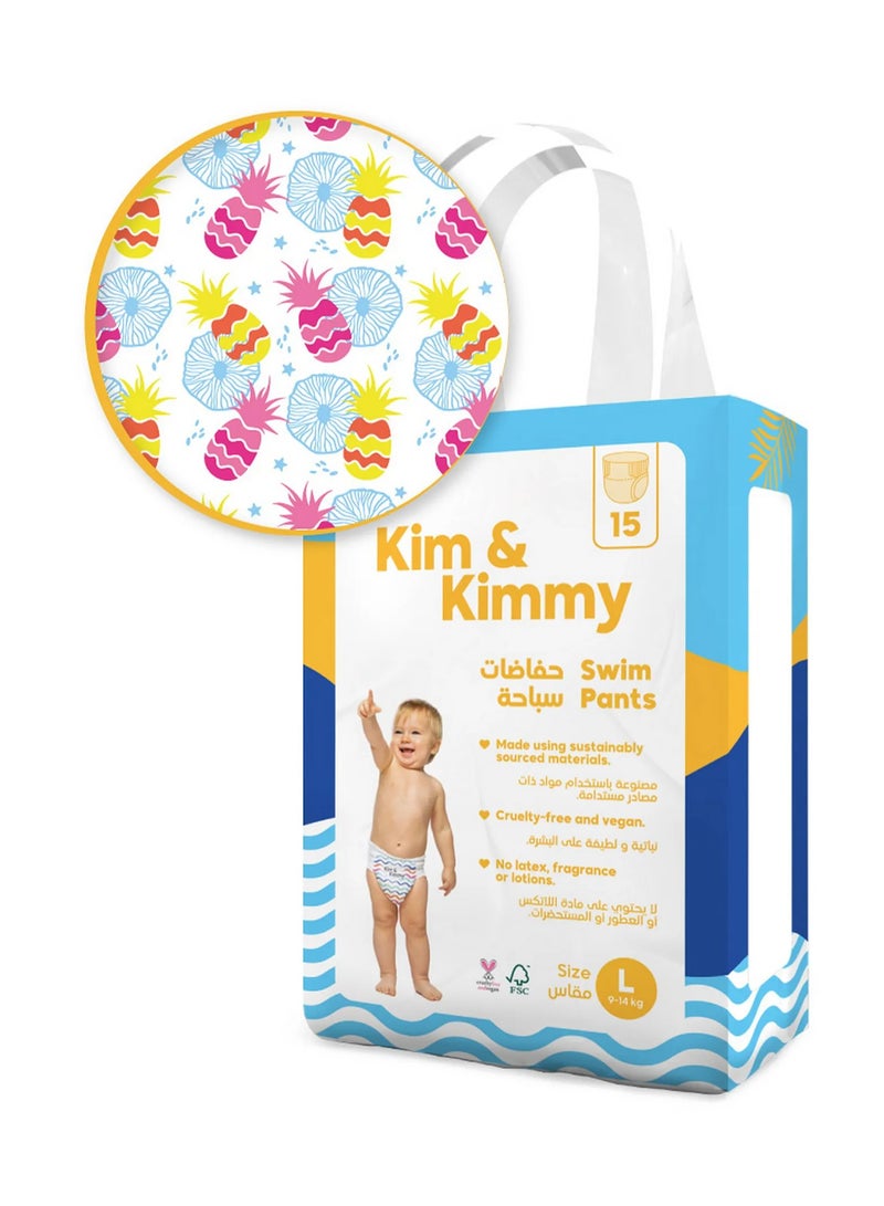 Kim & Kimmy Tropicool Pineapple Swim Diapers, 15 Pieces, Large, 9-14kg - Soft Leg Cuffs, Bubble Waistband, Easy On and Off