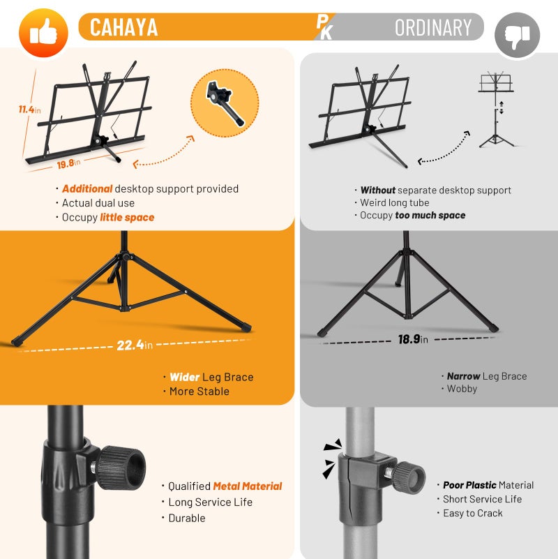 CAHAYA 2 in 1 Dual Use Extra Stable Reinforced Folding Sheet Music Stand & Desktop Book Stand Lightweight Portable Adjustable with Carrying Bag, Metal Music Stand with Music Sheet Clip Holder CY0204 - Image 4