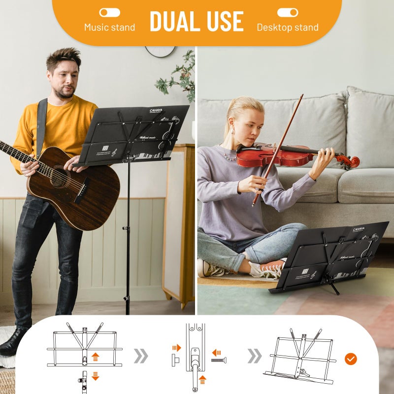 CAHAYA 2 in 1 Dual Use Extra Stable Reinforced Folding Sheet Music Stand & Desktop Book Stand Lightweight Portable Adjustable with Carrying Bag, Metal Music Stand with Music Sheet Clip Holder CY0204 - Image 2