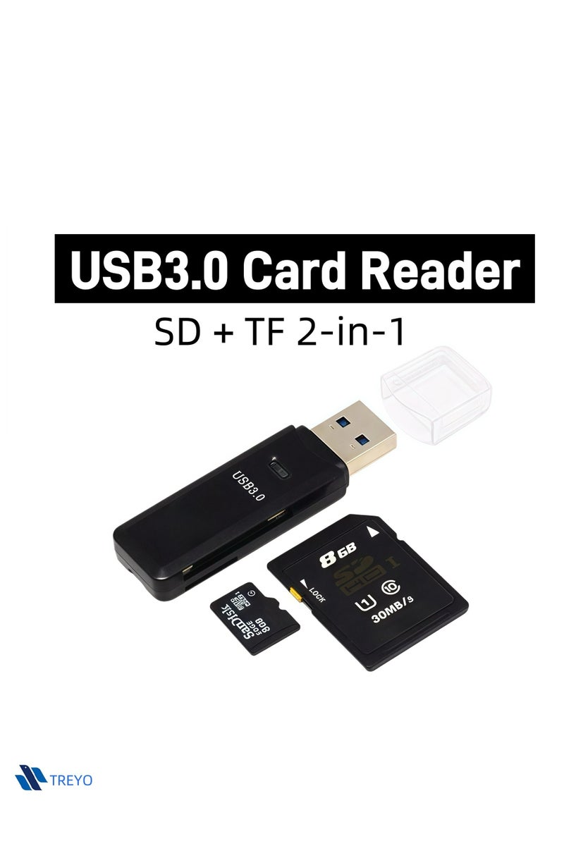 ترييو قارئ بطاقات Micro SD USB 3.0 بسرعة 5 جيجابت/ث، 2 في 1 مع محول USB، متوافق مع SDXC وSDHC وMMC وRS-MMC وMicro SDXC وMicro SDHC وUHS-I للاستخدام اليومي والعمل المكتبي والرحلات، عبوة واحدة باللون الأسود - Image 1