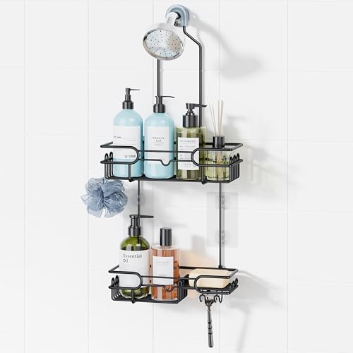 HapiRm Hanging Shower Caddy Organizer - Bathroom Organizer with 12 Hooks and Soap Holder, Rustproof Shower Shelf over Shower Head - Black - Image 1