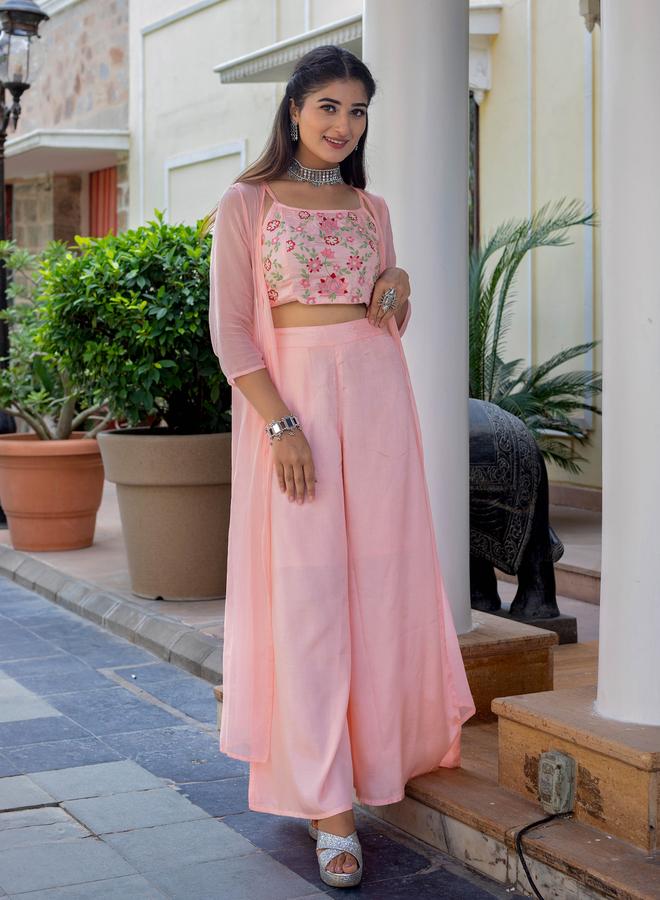 KASYA Set of 3 - Pink Floral Embroidered Crop Top, Pants and Shrug - Image 2