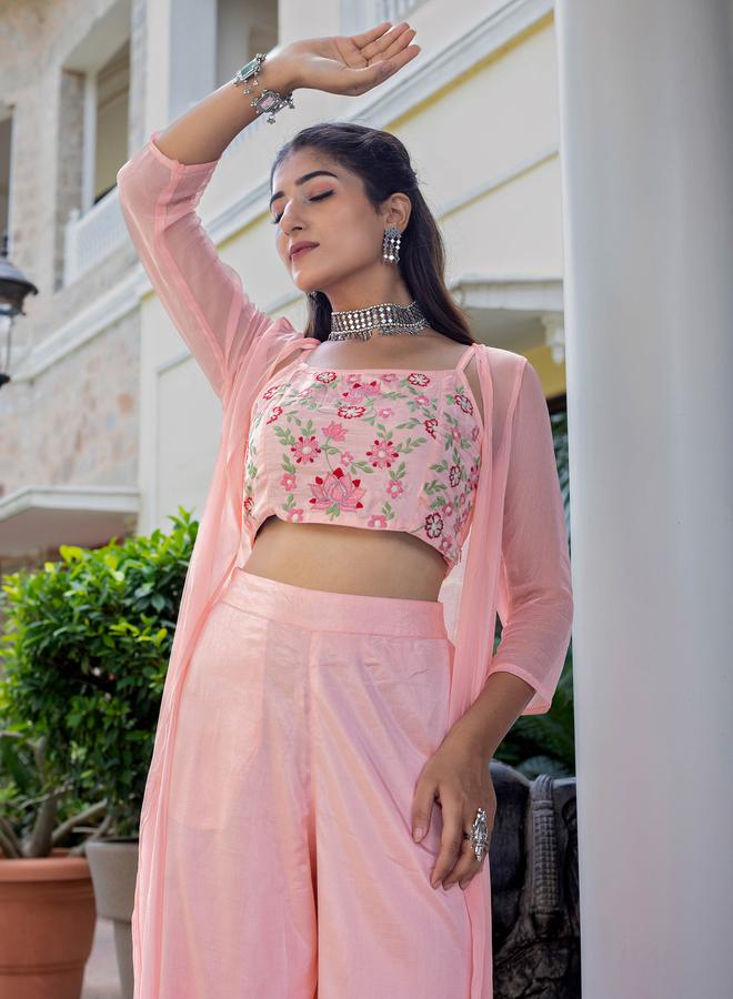 KASYA Set of 3 - Pink Floral Embroidered Crop Top, Pants and Shrug - Image 4