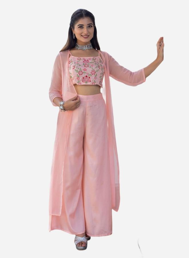 KASYA Set of 3 - Pink Floral Embroidered Crop Top, Pants and Shrug - Image 1