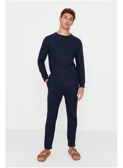 Men's Navy Blue Regular Fit Waffle Knitted Pajamas Set