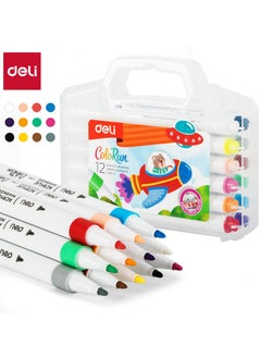 Deli Deli EC189-12 Acrylic Marker, 12 Colors Acrylic Marker Set – Single 1mm Thin Bullet Tip, Slim Round Barrel – Fast-Drying Water-Based Ink, High Coverage – Ideal for Rock Painting, Canvas, Wood, Glass – Portable Storage Case.  - Image 1