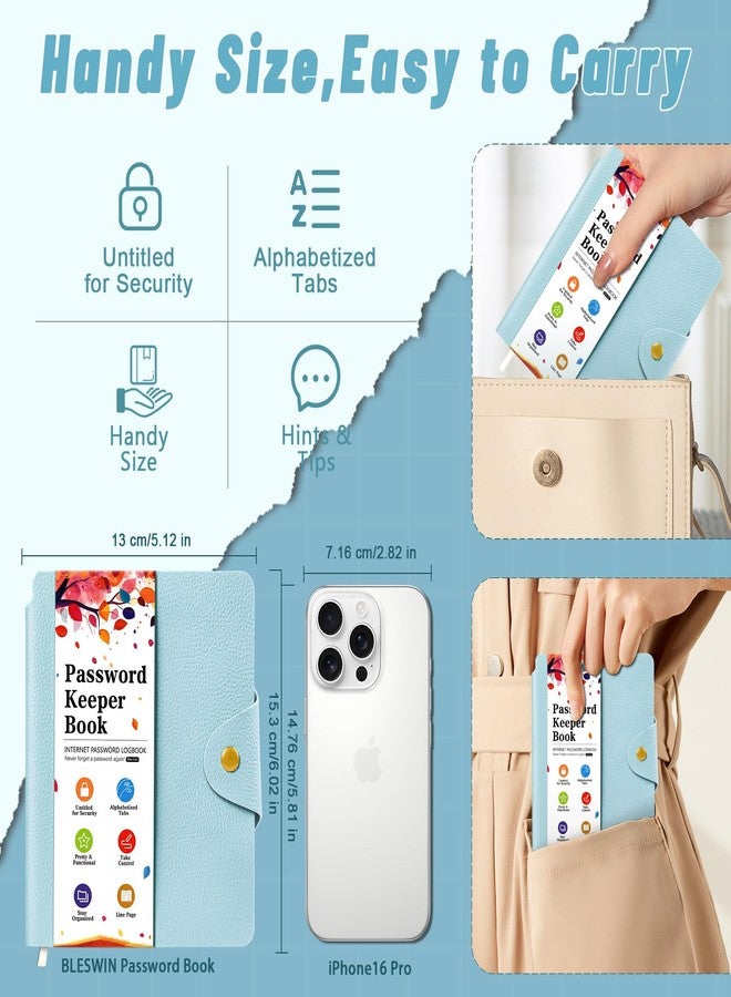 BLESWIN Password Book with Alphabetical Tabs, Elegant PU Leather Password Keeper Book, Small Password Notebook to Record Contacts, Special Days, Internet Setting, Light Blue - Image 5