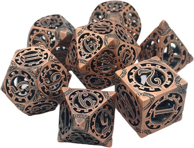 klarako 7Pcs Hollow Metal DND Game Dice Steampunk Gear Wheel for RPG MTG Table Games D&D Pathfinder Shadowrun and Math Teaching  Red Copper - Image 1
