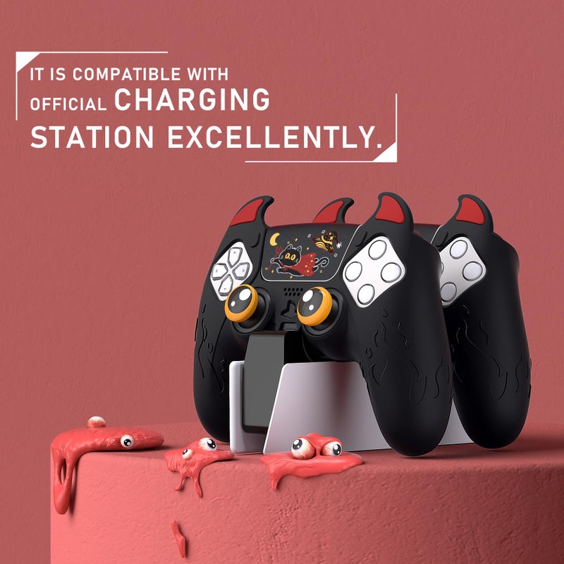 PlayVital Halloween Cute Demon Controller Silicone Case for ps5, Kawaii Controller Cover Gamepad Skin Protector for ps5 with Touch Pad Sticker & Thumb Grip Caps - Black - Image 3