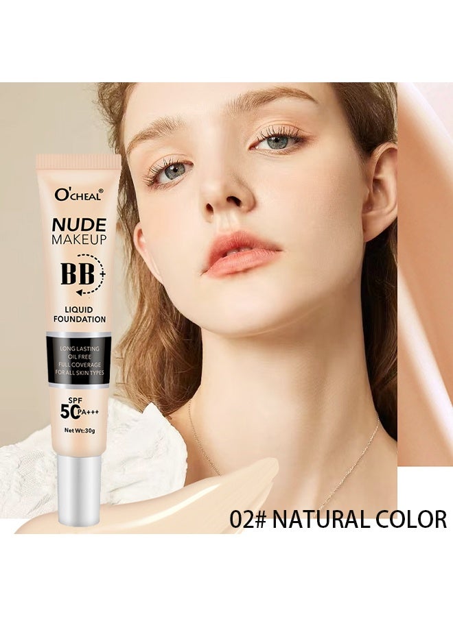 OCHEAL BB Liquid Foudation,BB Cream with SPF 50+++, Full Coverage Tinted Moisturizer with Buildable Concealer Powder Foundation, Oil-Free, Hydrating & Matte Finish | Vegan, Cruelty-Free, for All Skin Types - 02#Nature - Image 2