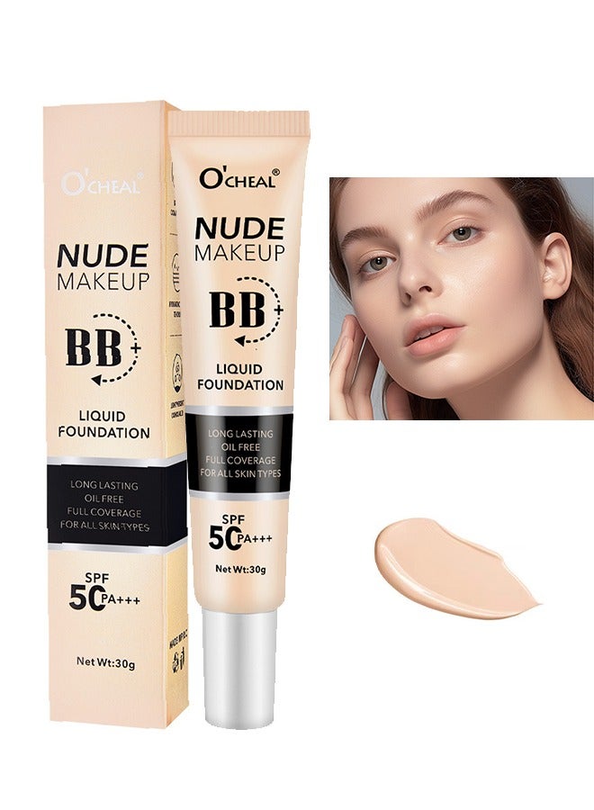 OCHEAL BB Liquid Foudation,BB Cream with SPF 50+++, Full Coverage Tinted Moisturizer with Buildable Concealer Powder Foundation, Oil-Free, Hydrating & Matte Finish | Vegan, Cruelty-Free, for All Skin Types - 02#Nature - Image 1