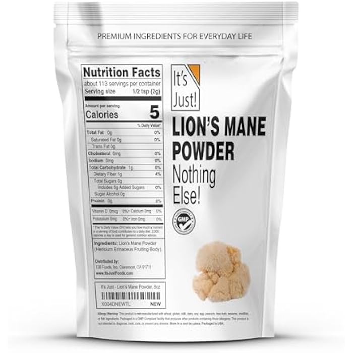It's Just! - Lion's Mane Mushroom Powder, Natural Raw Superfood, Brain Support, Immune Health, Boost Energy, Non-GMO, 8oz - Image 2
