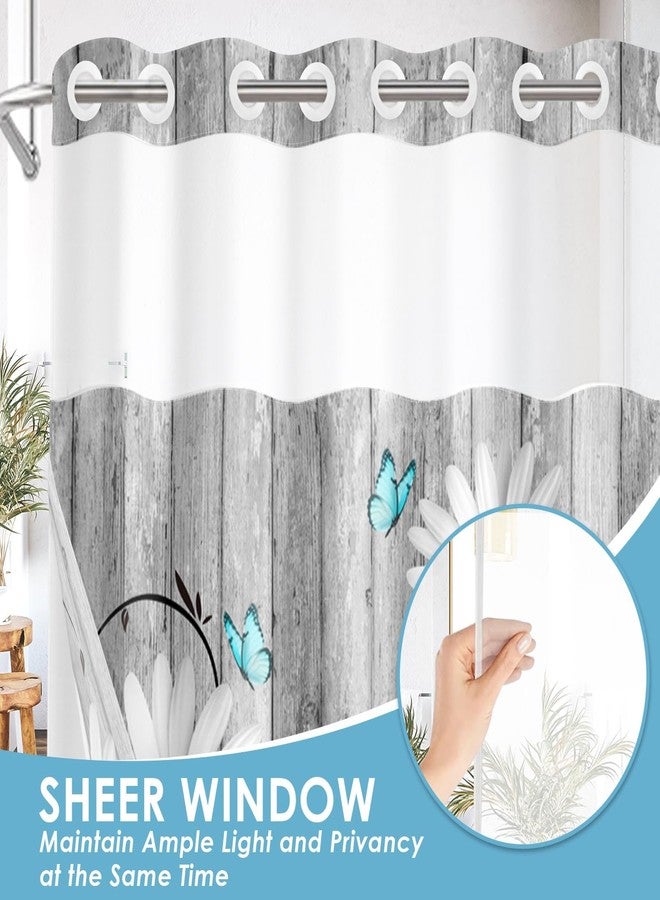 Nesphy No Hook Flower Daisy Shower Curtain with Snap in Fabric Liner Set, Gray Wooden Boards Double Layers Waterproof Fabric with See Through Top Window Open Grommet Bath Curtain 71x74 Inch - Image 4