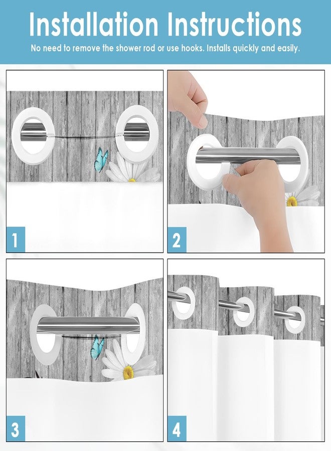 Nesphy No Hook Flower Daisy Shower Curtain with Snap in Fabric Liner Set, Gray Wooden Boards Double Layers Waterproof Fabric with See Through Top Window Open Grommet Bath Curtain 71x74 Inch - Image 5