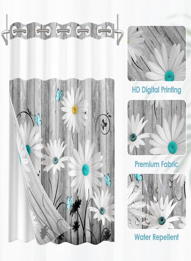 Nesphy No Hook Flower Daisy Shower Curtain with Snap in Fabric Liner Set, Gray Wooden Boards Double Layers Waterproof Fabric with See Through Top Window Open Grommet Bath Curtain 71x74 Inch - Image 2
