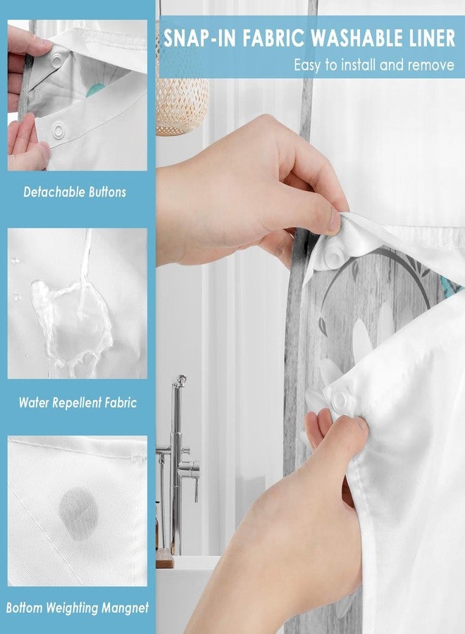 Nesphy No Hook Flower Daisy Shower Curtain with Snap in Fabric Liner Set, Gray Wooden Boards Double Layers Waterproof Fabric with See Through Top Window Open Grommet Bath Curtain 71x74 Inch - Image 3