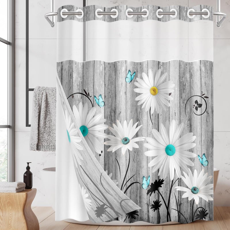 Nesphy No Hook Flower Daisy Shower Curtain with Snap in Fabric Liner Set, Gray Wooden Boards Double Layers Waterproof Fabric with See Through Top Window Open Grommet Bath Curtain 71x74 Inch - Image 1