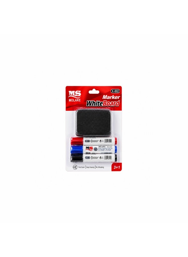 Whiteboard Marker Set with Eraser, 3 Assorted Color Markers (Red, Blue, Black)