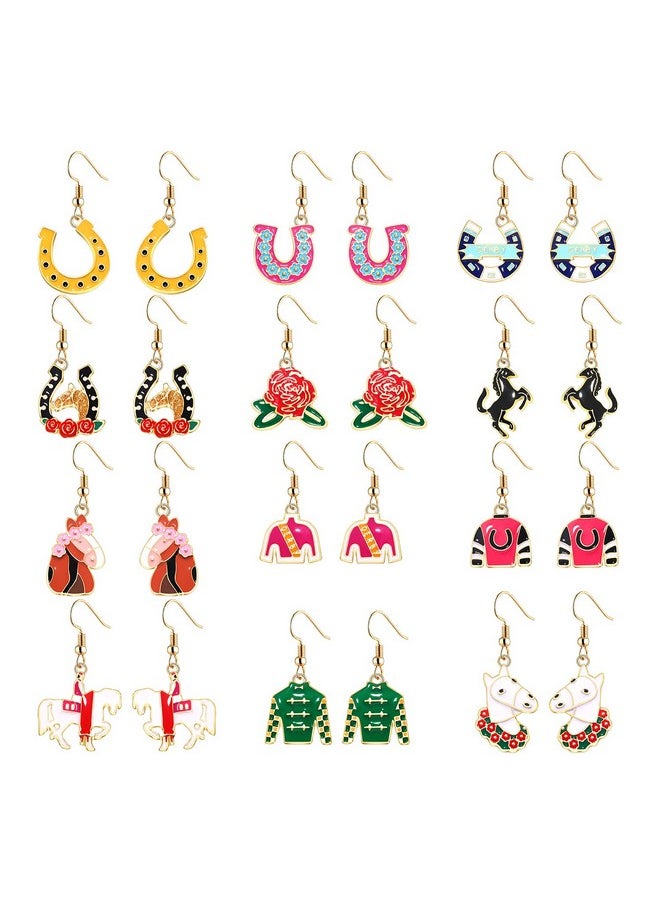 VOGUEKNOCK - Derby Earrings For Women Horse Riding Suit Horseshoes Drop Dangle Earrings Kentucky Derby Horse Racing Earrings Derby Day Accessories Outfit Jewelry Gifts 12 Pairs - Image 1