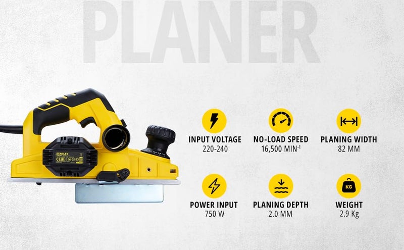 STANLEY STPP7502 750W 2mm Planer Yellow and Black with 2 TCT blades - Image 2