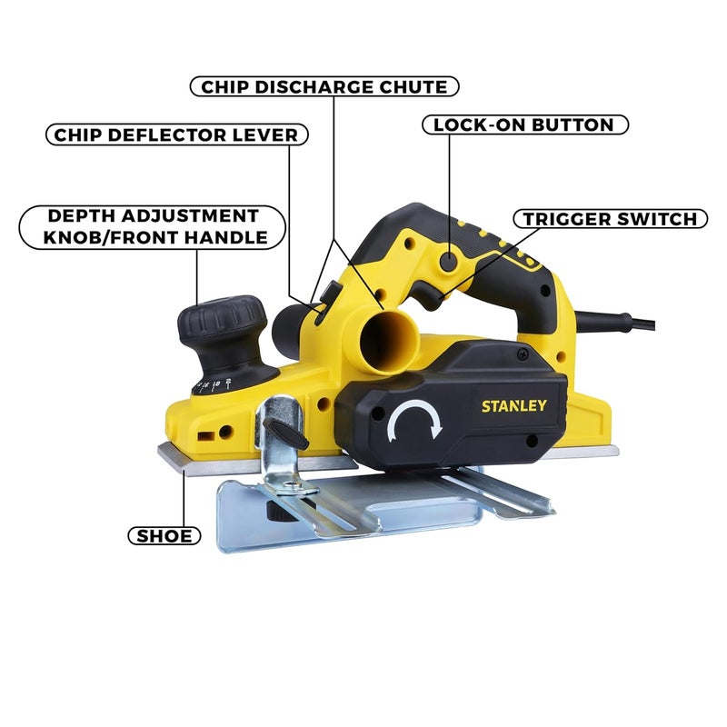 STANLEY STPP7502 750W 2mm Planer Yellow and Black with 2 TCT blades - Image 3